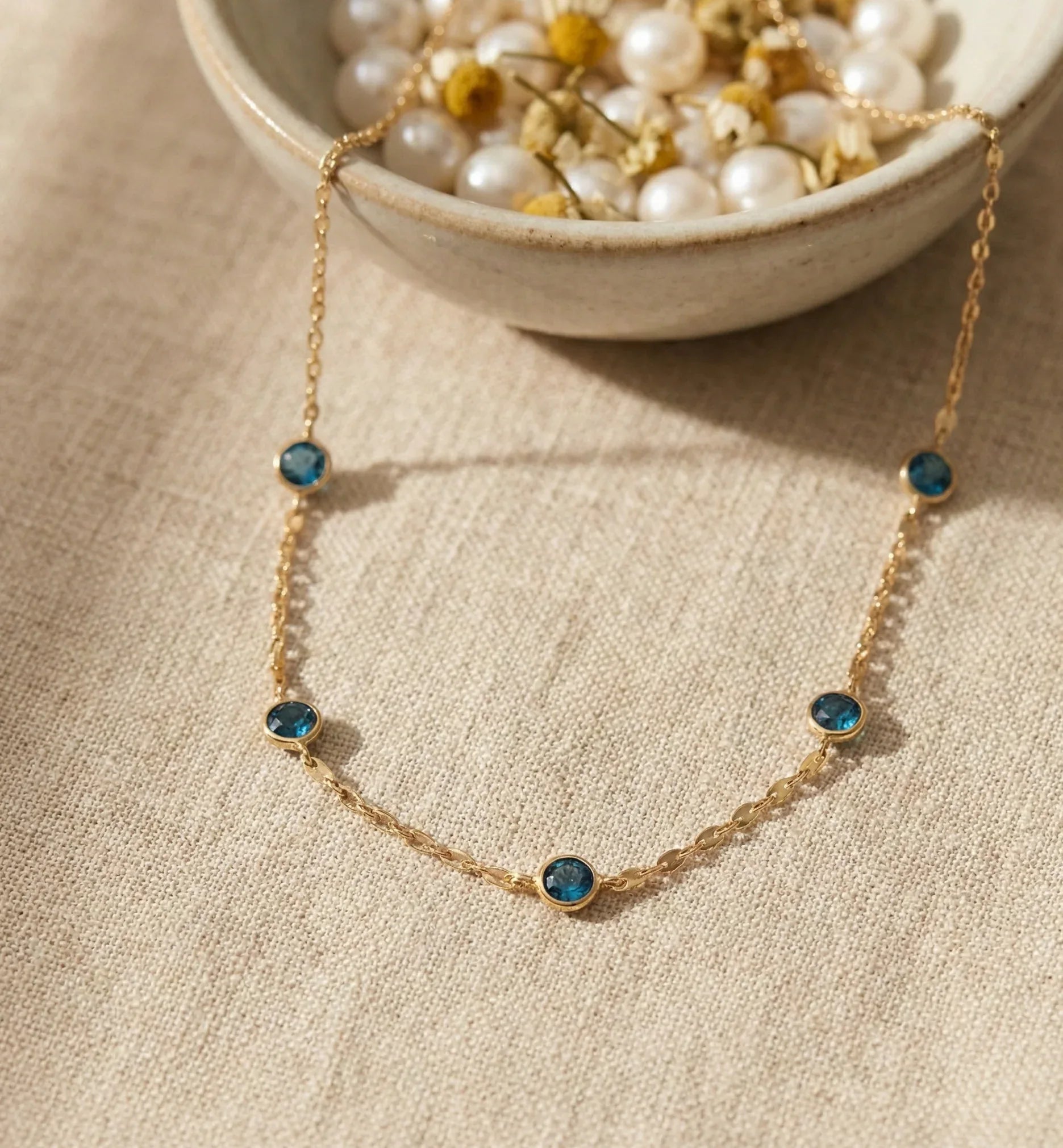 14K Gold Sapphire Necklace Station Necklace – Dainty Real Gold Gemstone Chain - 3