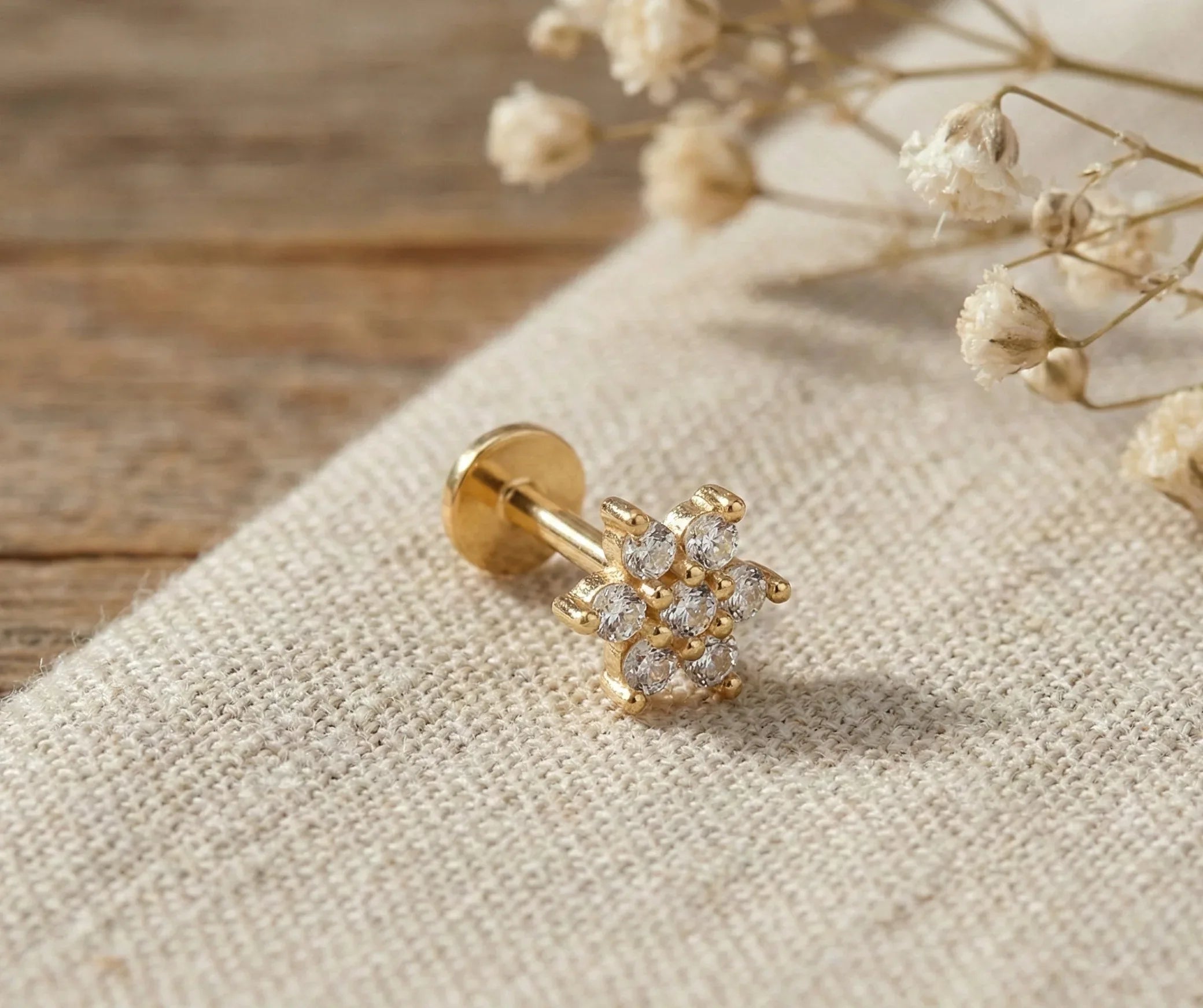 14K Gold Snowflake Tragus Stud – Flat Back Winter Piercing - 3