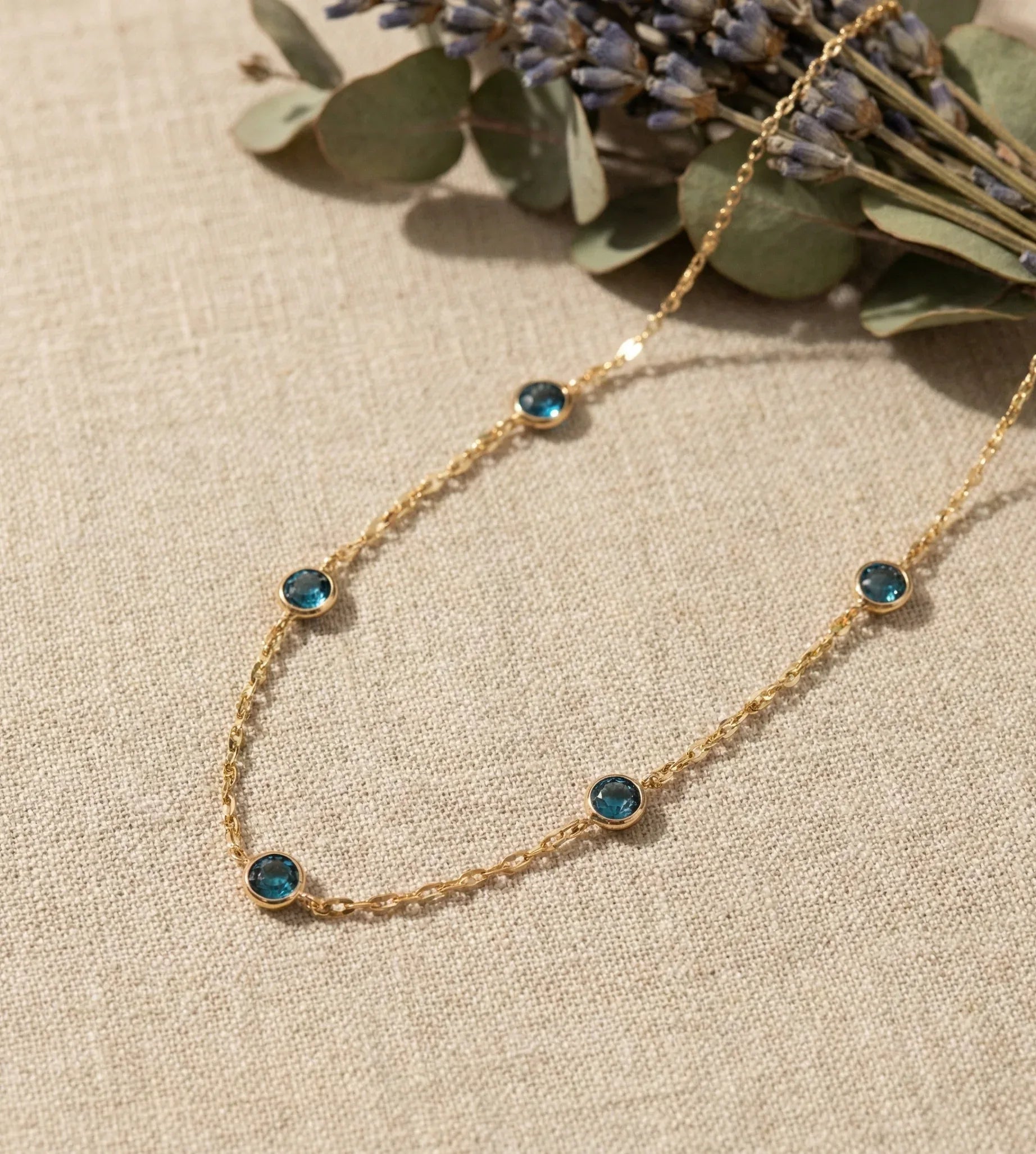14K Gold Sapphire Necklace Station Necklace – Dainty Real Gold Gemstone Chain - 5