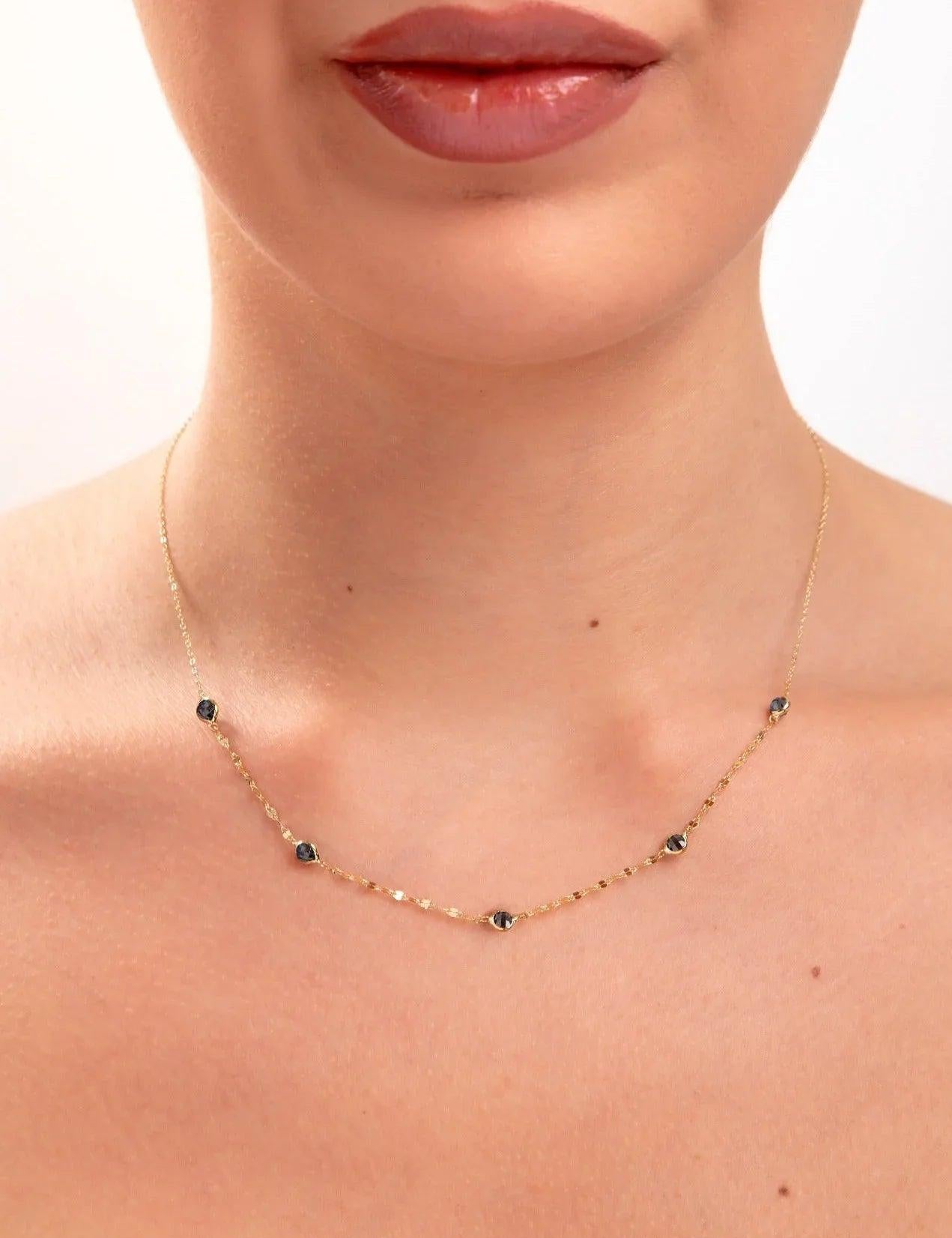 14K Gold Sapphire Necklace Station Necklace – Dainty Real Gold Gemstone Chain - 6